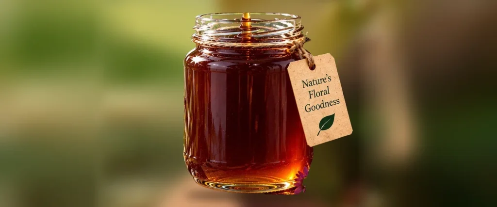 Jar of natural honey with a Nature's Floral Goodness tag