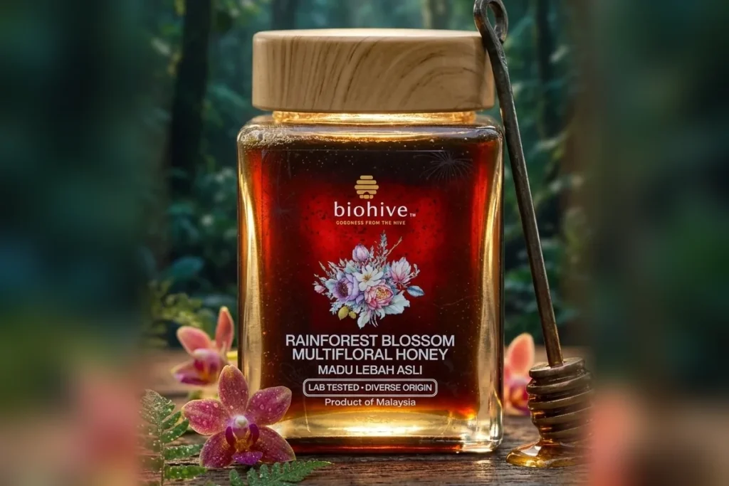 Jar of Rainforest Blossom Multifloral Honey on a wooden table in a rainforest